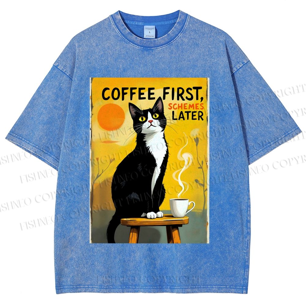 Unisex Japanese Coffee Cat Printed Washed Tee