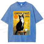 Unisex Japanese Coffee Cat Printed Washed Tee