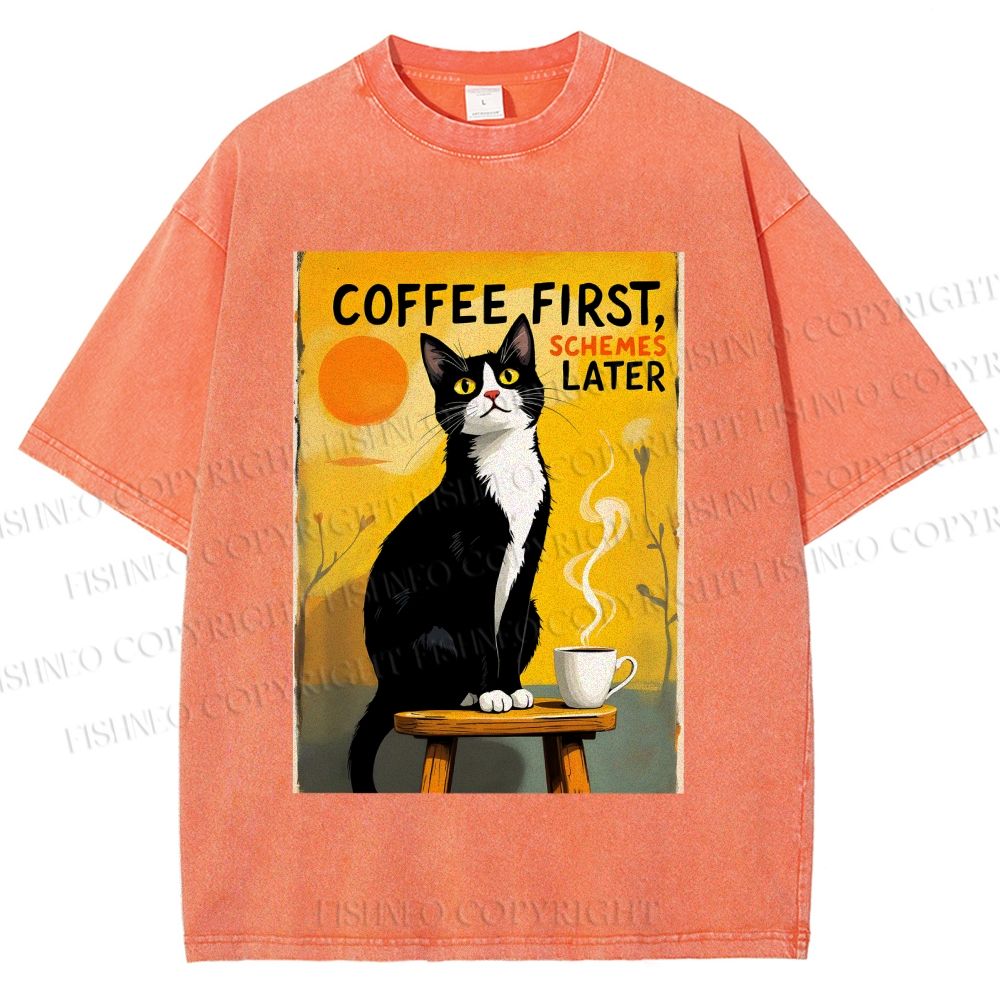 Unisex Japanese Coffee Cat Printed Washed Tee