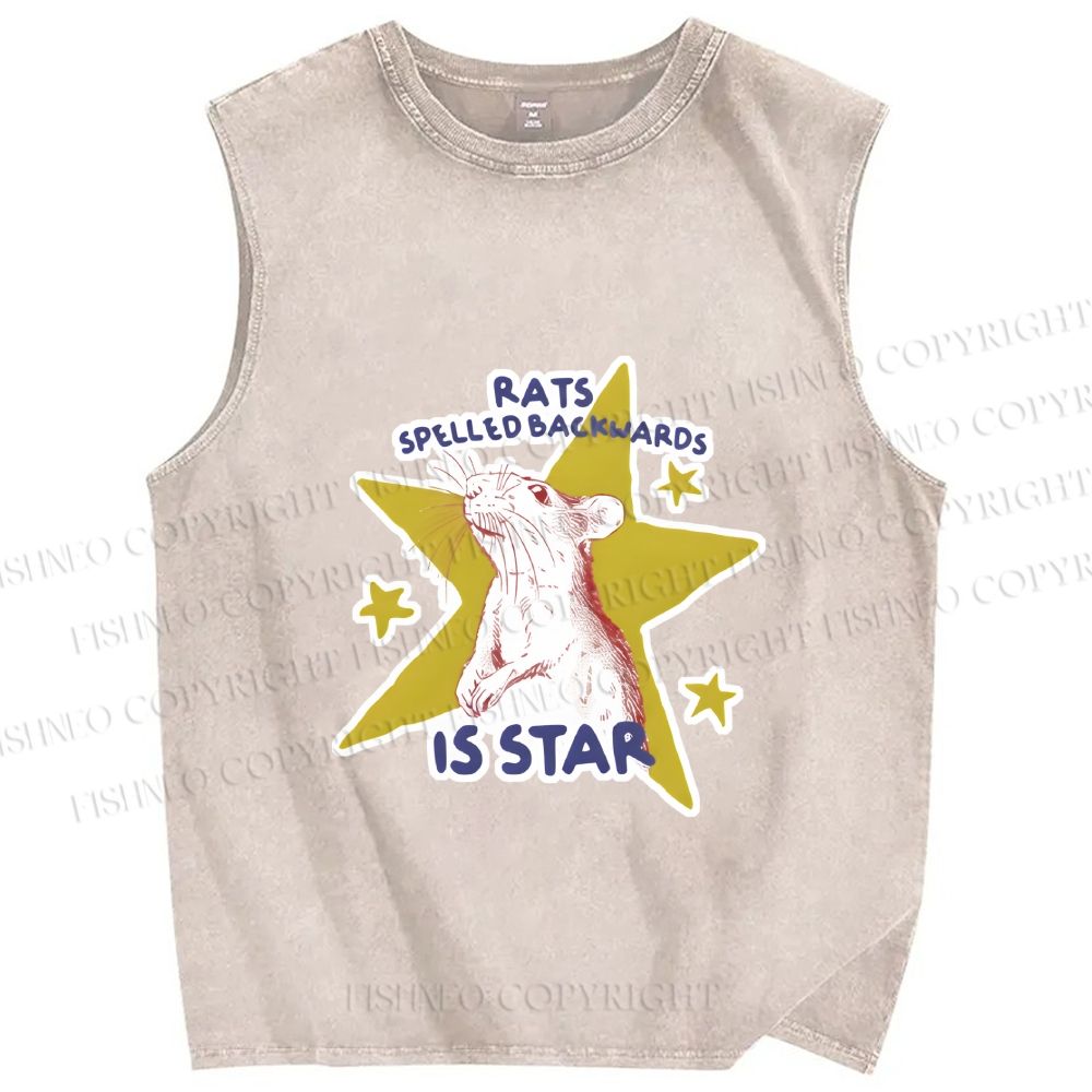 Unisex Rats Spelled Backwards is Star Printed Washed Tank Top