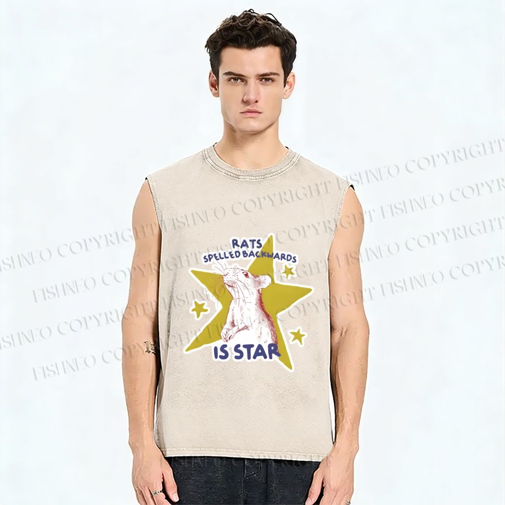 Unisex Rats Spelled Backwards is Star Printed Washed Tank Top