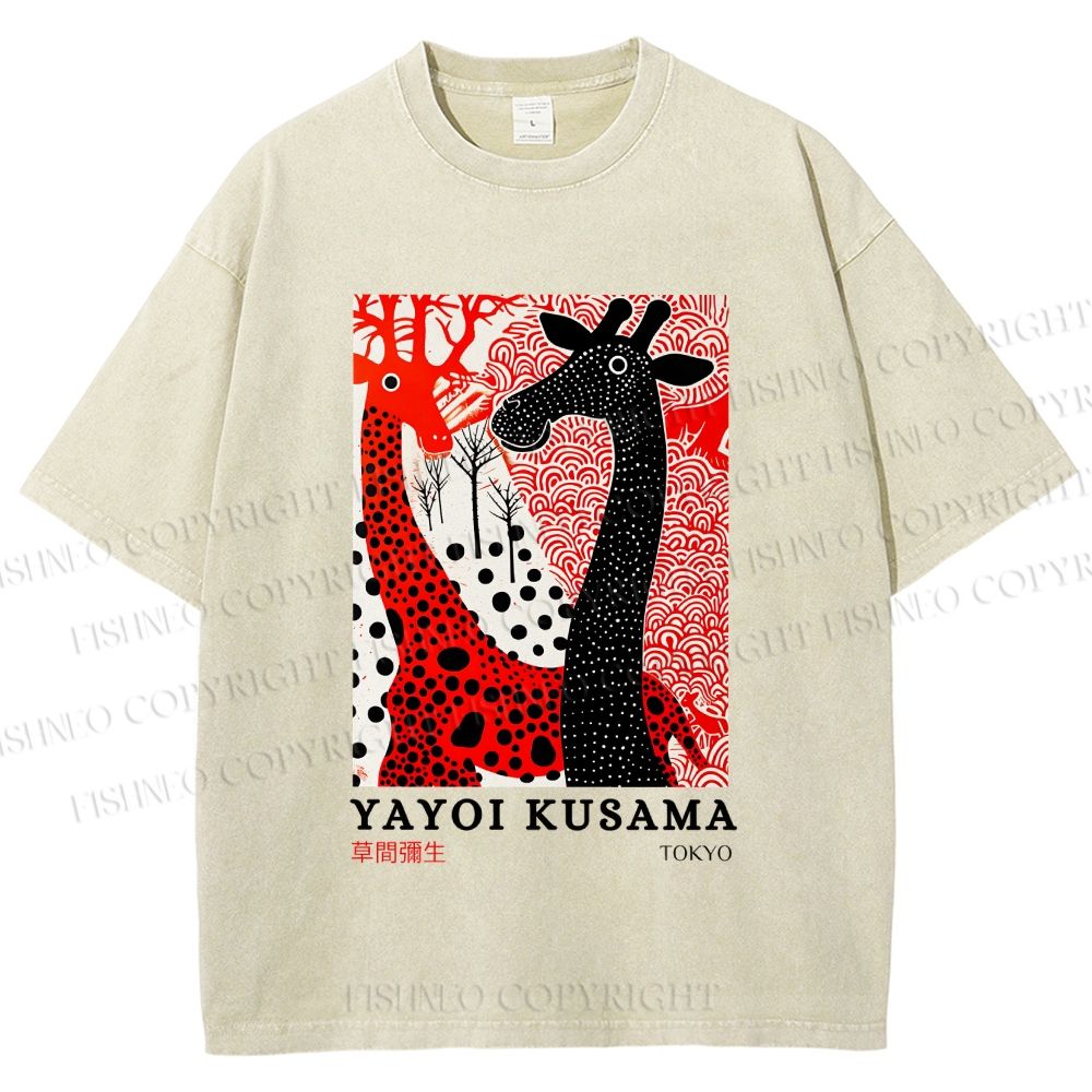 Unisex Yayoi Kusama Polka Dot Giraffe Printed Washed Tee