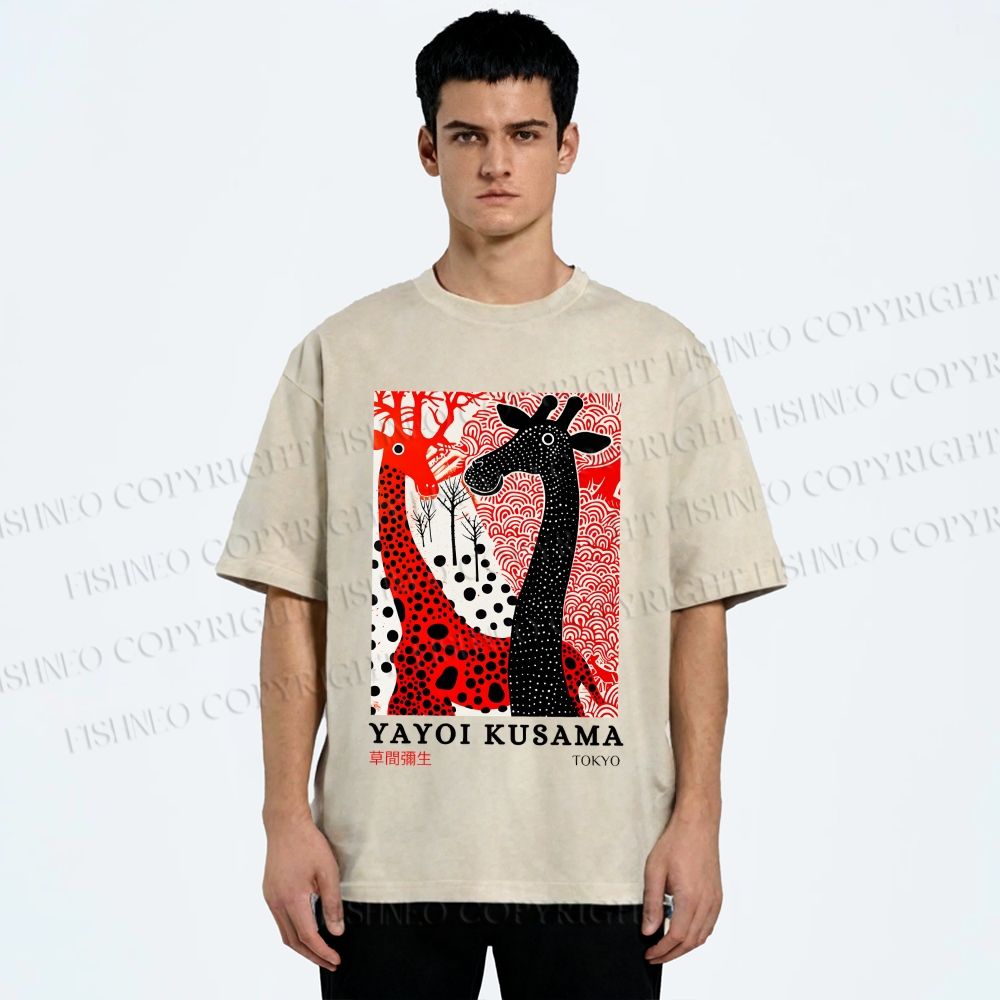 Unisex Yayoi Kusama Polka Dot Giraffe Printed Washed Tee