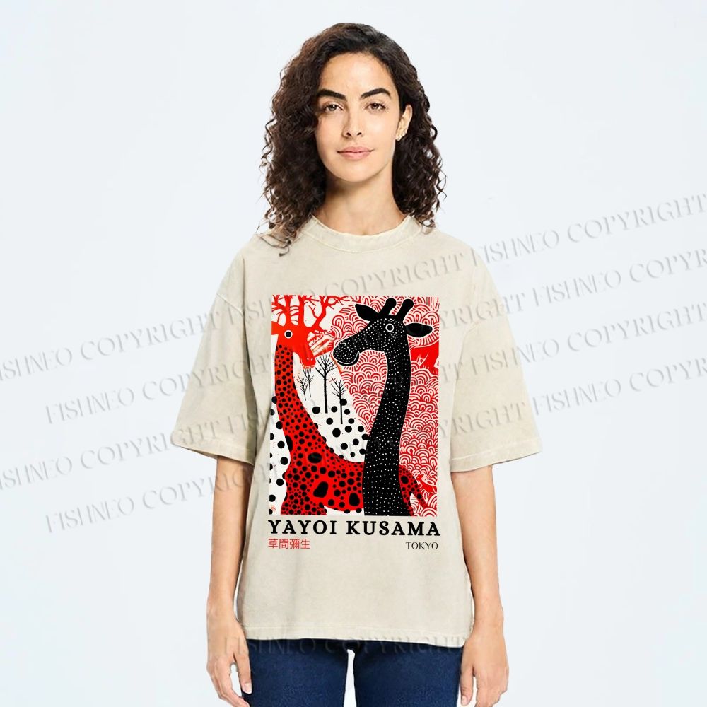 Unisex Yayoi Kusama Polka Dot Giraffe Printed Washed Tee