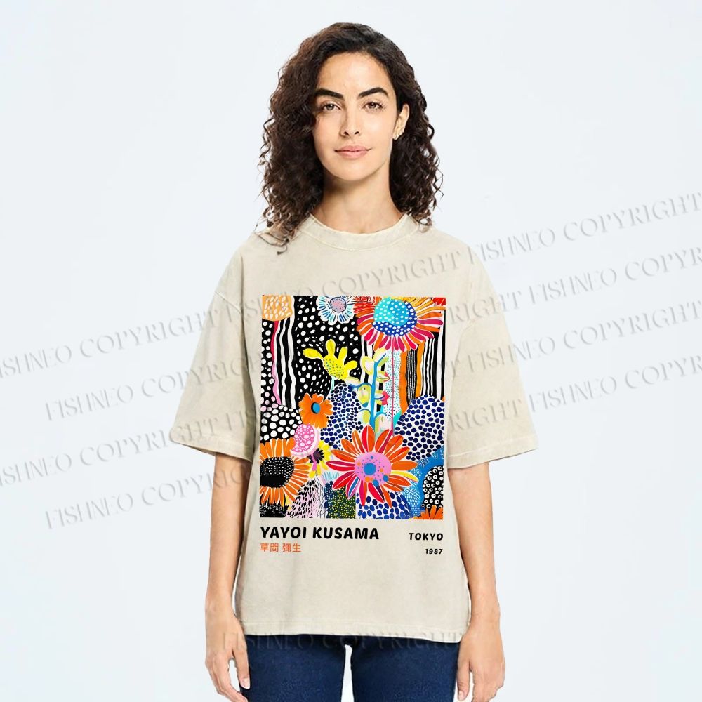 Unisex Yayoi Kusama Flower Printed Washed Tee