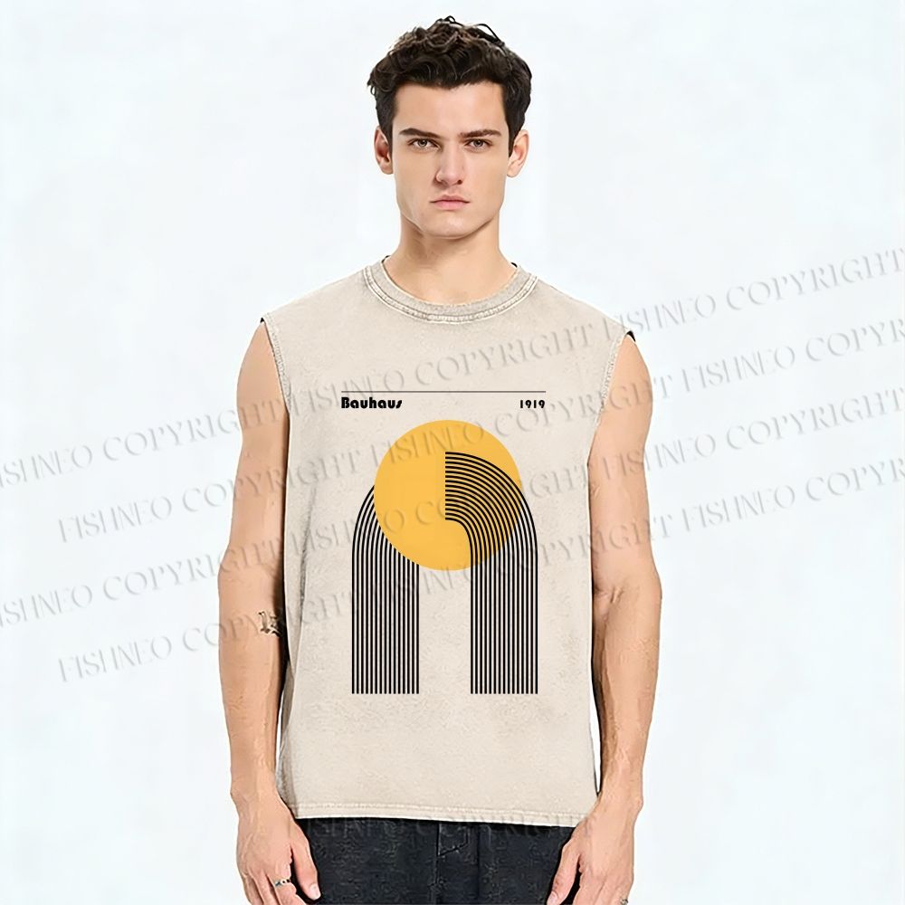Unisex Bauhaus Geometric Lines Circle Printed Washed Tank Top