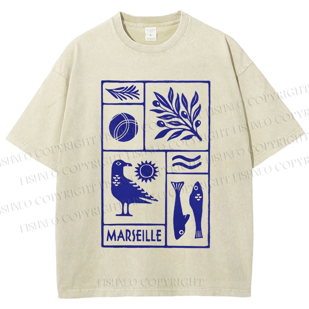 Unisex Marseille Bird Fish Printed Washed Tee