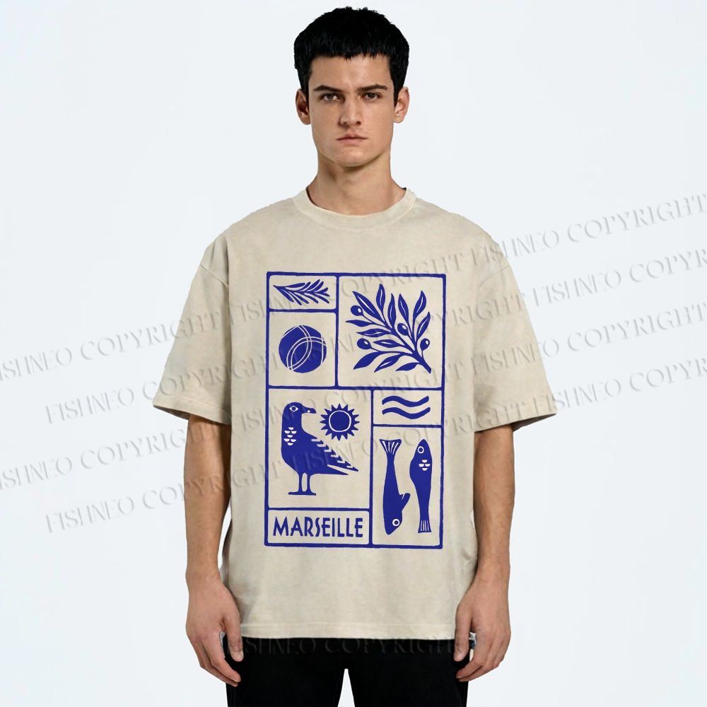 Unisex Marseille Bird Fish Printed Washed Tee
