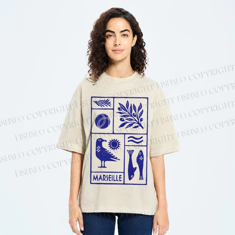 Unisex Marseille Bird Fish Printed Washed Tee