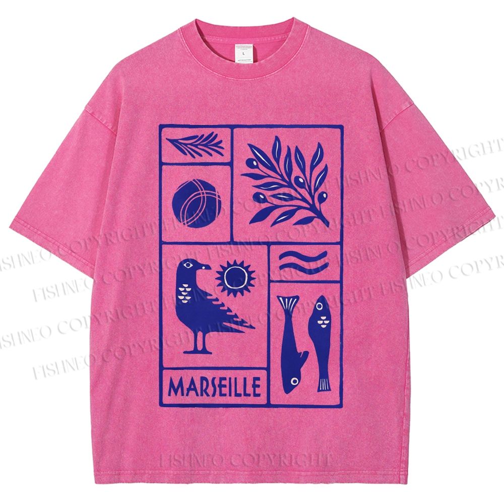 Unisex Marseille Bird Fish Printed Washed Tee