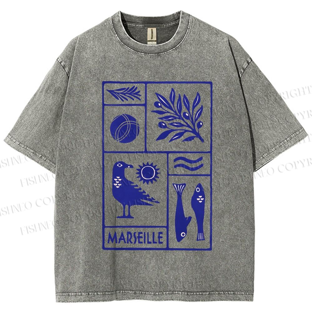 Unisex Marseille Bird Fish Printed Washed Tee