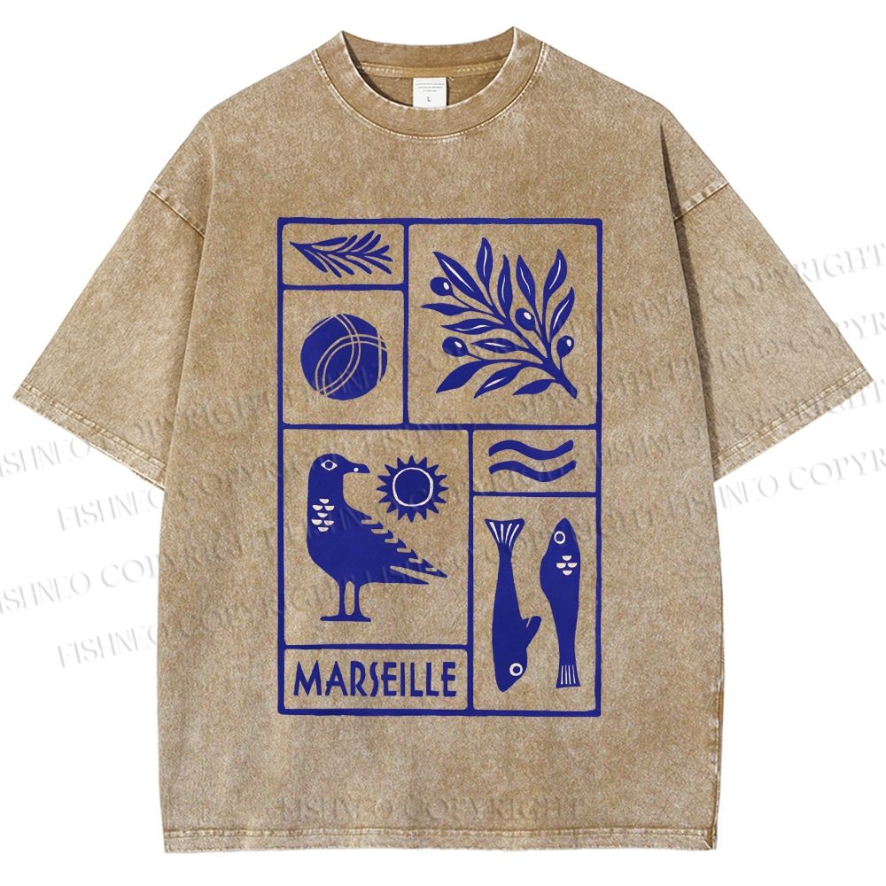 Unisex Marseille Bird Fish Printed Washed Tee