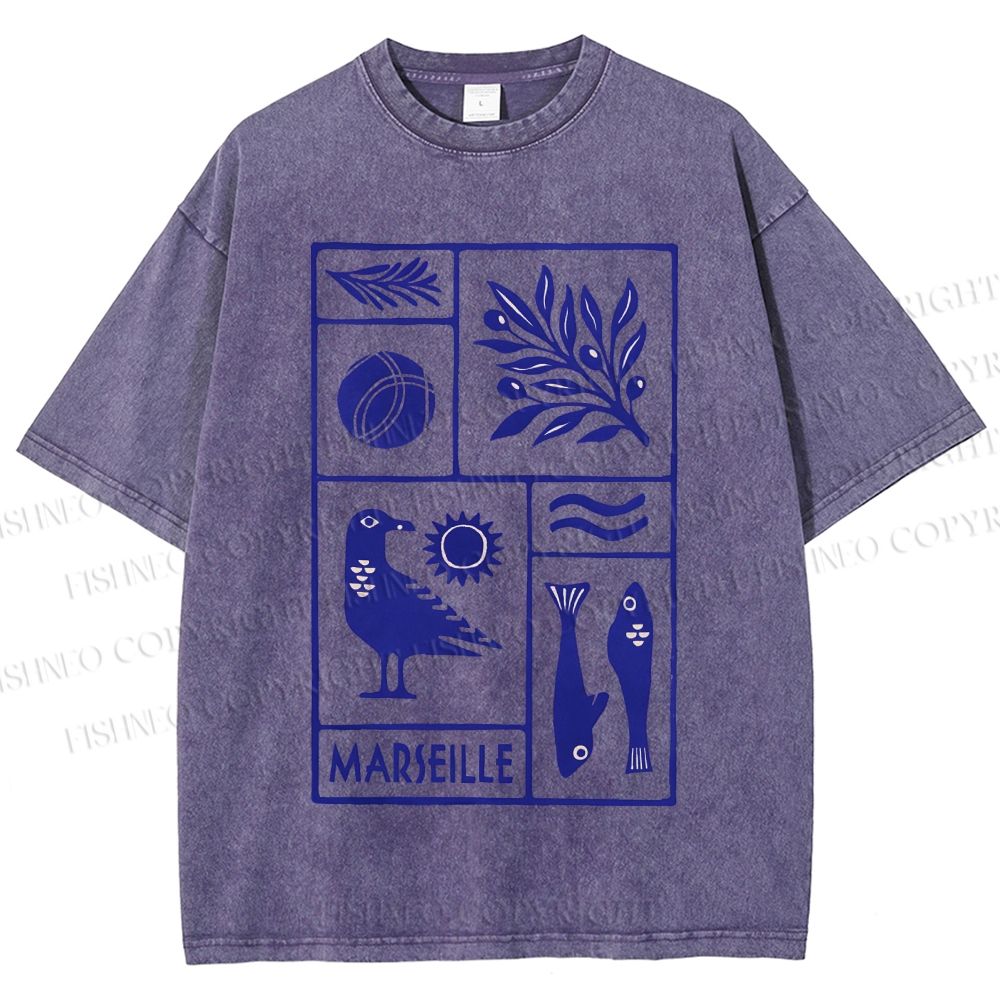 Unisex Marseille Bird Fish Printed Washed Tee