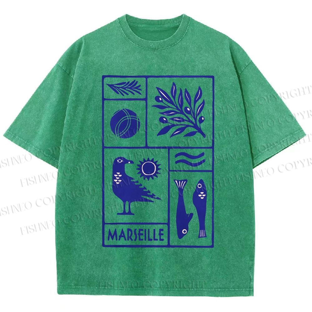 Unisex Marseille Bird Fish Printed Washed Tee