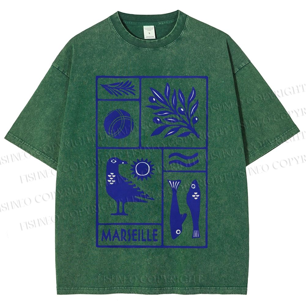 Unisex Marseille Bird Fish Printed Washed Tee
