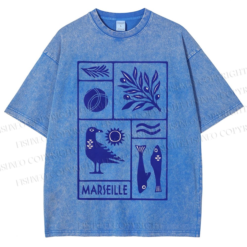Unisex Marseille Bird Fish Printed Washed Tee