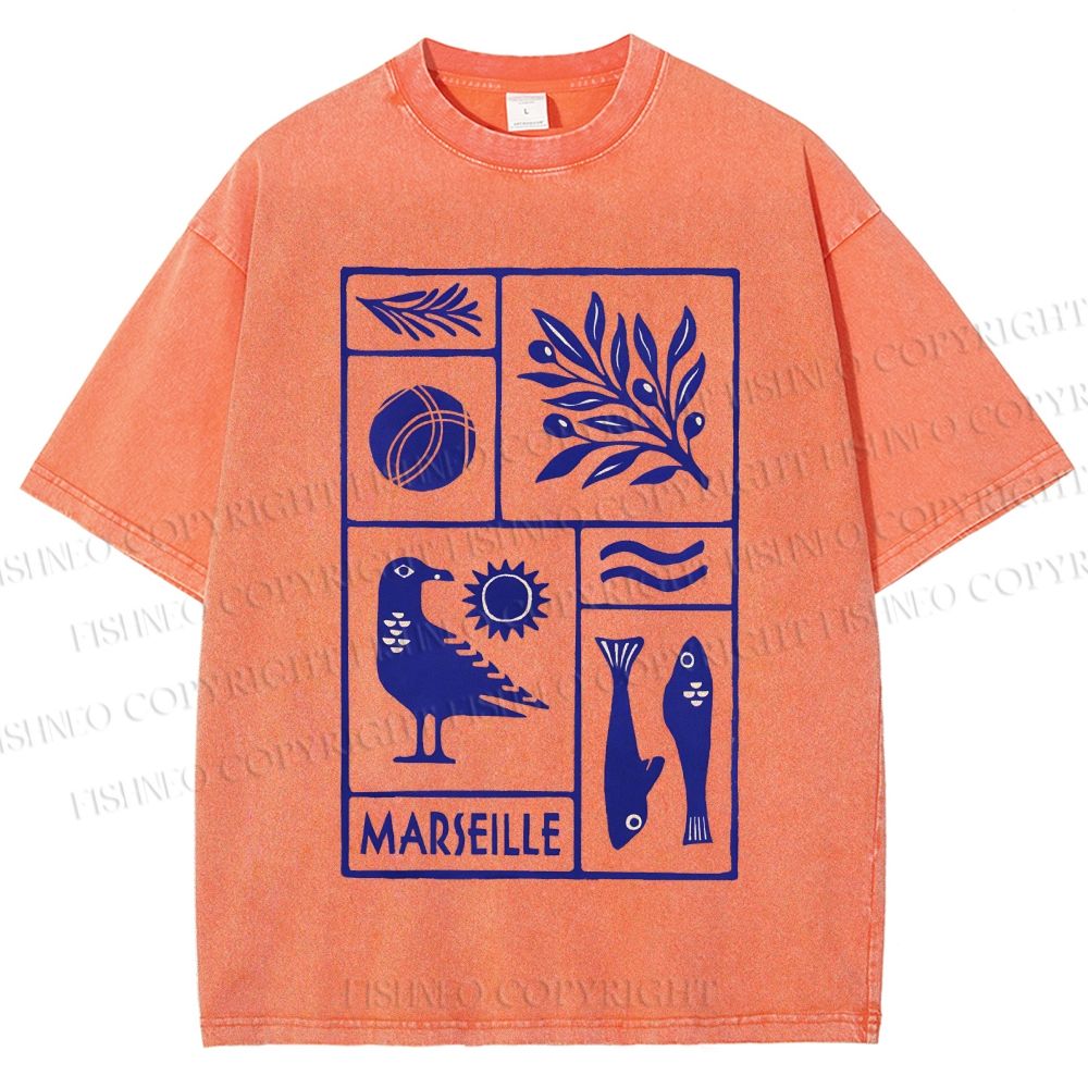 Unisex Marseille Bird Fish Printed Washed Tee