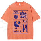 Unisex Marseille Bird Fish Printed Washed Tee