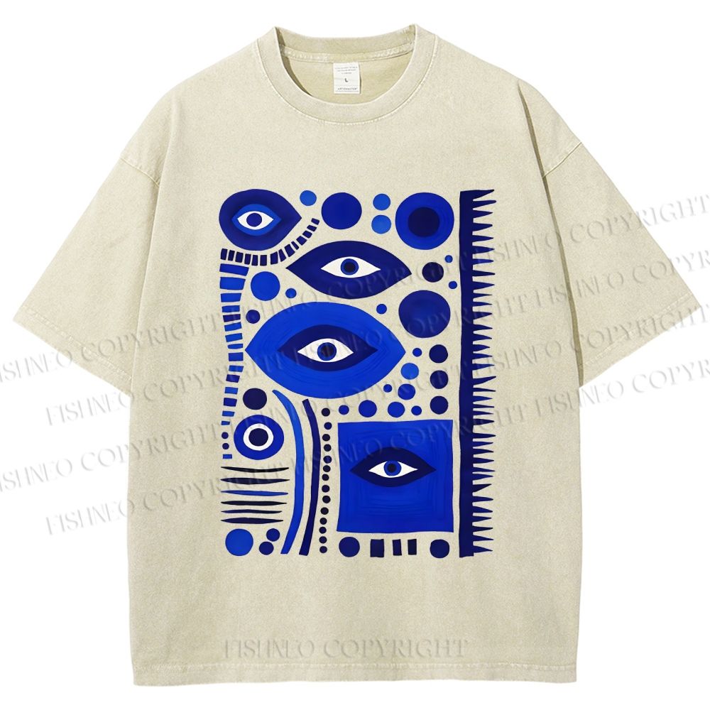 Unisex Geometric Blue Eyes Printed Washed Tee