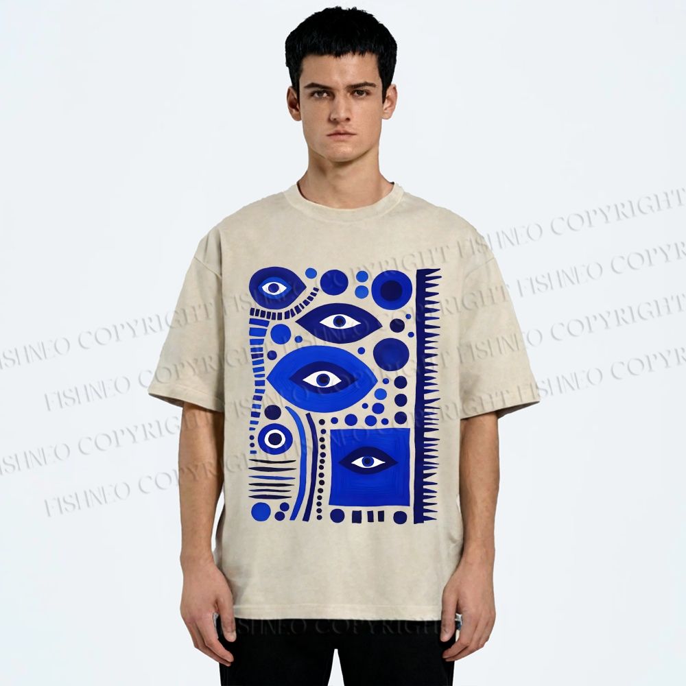 Unisex Geometric Blue Eyes Printed Washed Tee