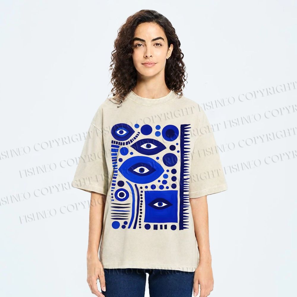 Unisex Geometric Blue Eyes Printed Washed Tee