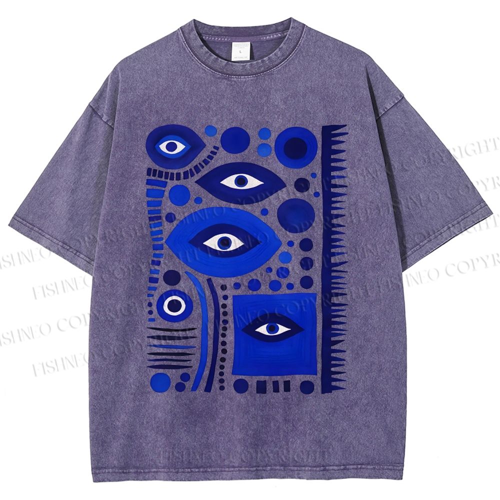 Unisex Geometric Blue Eyes Printed Washed Tee