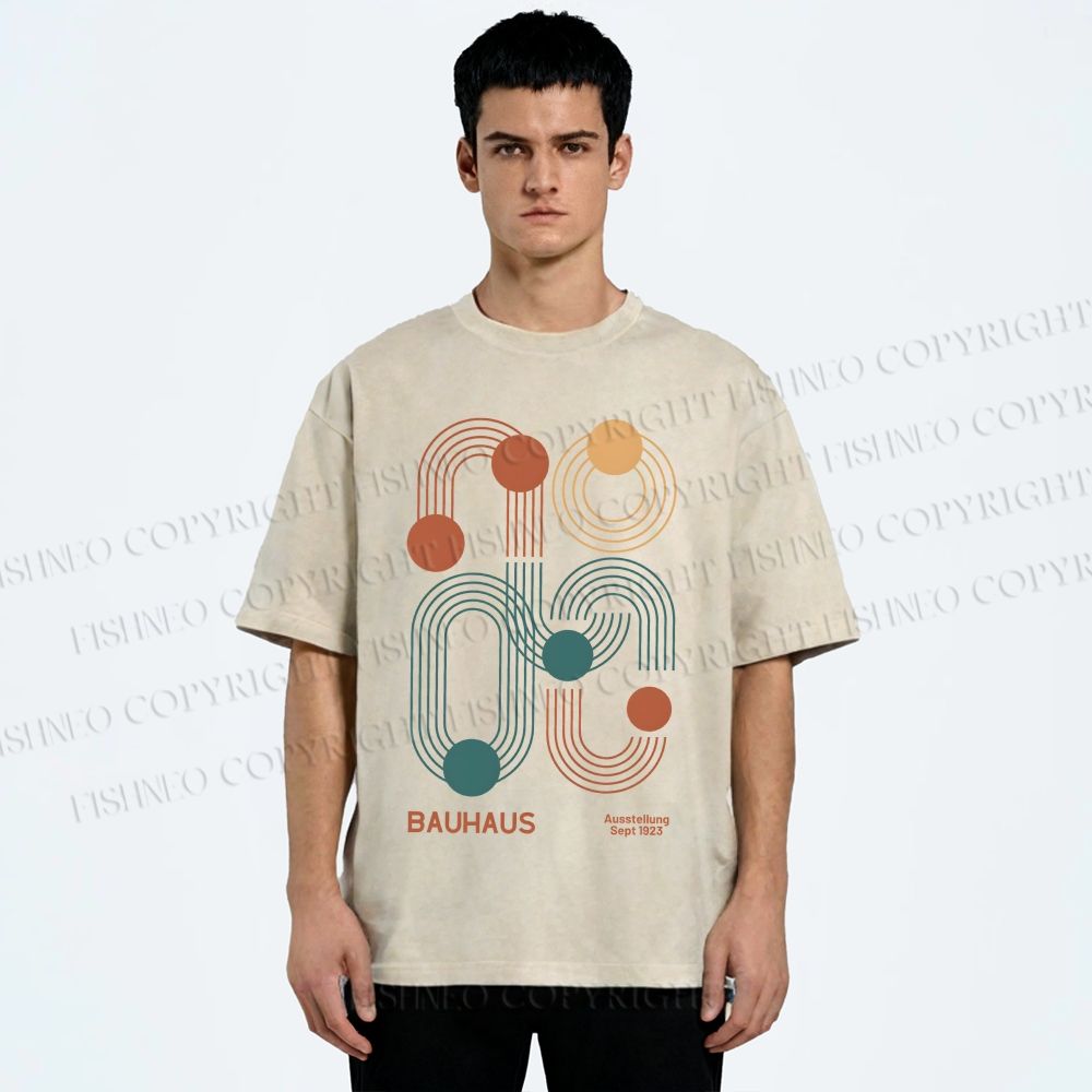 Unisex Bauhaus Geometric Lines Printed Washed Tee