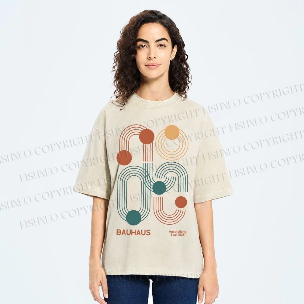Unisex Bauhaus Geometric Lines Printed Washed Tee