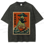 Unisex UFO Catching the Ramen Black Cat Printed Washed Tee
