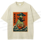 Unisex UFO Catching the Ramen Black Cat Printed Washed Tee