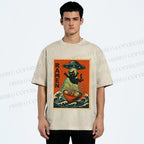 Unisex UFO Catching the Ramen Black Cat Printed Washed Tee