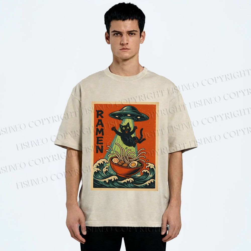 Unisex UFO Catching the Ramen Black Cat Printed Washed Tee