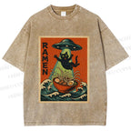 Unisex UFO Catching the Ramen Black Cat Printed Washed Tee