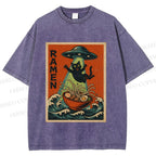 Unisex UFO Catching the Ramen Black Cat Printed Washed Tee