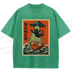 Unisex UFO Catching the Ramen Black Cat Printed Washed Tee
