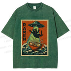 Unisex UFO Catching the Ramen Black Cat Printed Washed Tee