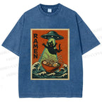 Unisex UFO Catching the Ramen Black Cat Printed Washed Tee