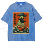 Unisex UFO Catching the Ramen Black Cat Printed Washed Tee