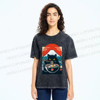 Unisex Black Cat Having Ramen Mount Fuji Printed Washed Tee