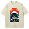 Unisex Black Cat Having Ramen Mount Fuji Printed Washed Tee
