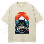 Unisex Black Cat Having Ramen Mount Fuji Printed Washed Tee