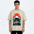 Unisex Black Cat Having Ramen Mount Fuji Printed Washed Tee