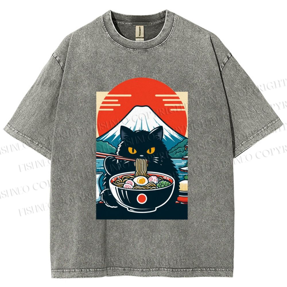 Unisex Black Cat Having Ramen Mount Fuji Printed Washed Tee