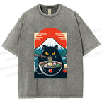 Unisex Black Cat Having Ramen Mount Fuji Printed Washed Tee
