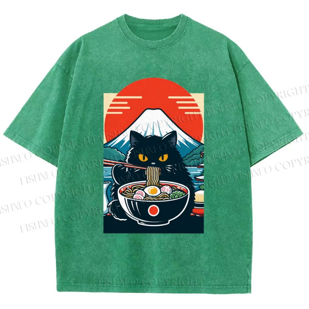 Unisex Black Cat Having Ramen Mount Fuji Printed Washed Tee