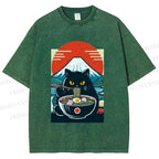 Unisex Black Cat Having Ramen Mount Fuji Printed Washed Tee
