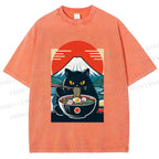 Unisex Black Cat Having Ramen Mount Fuji Printed Washed Tee