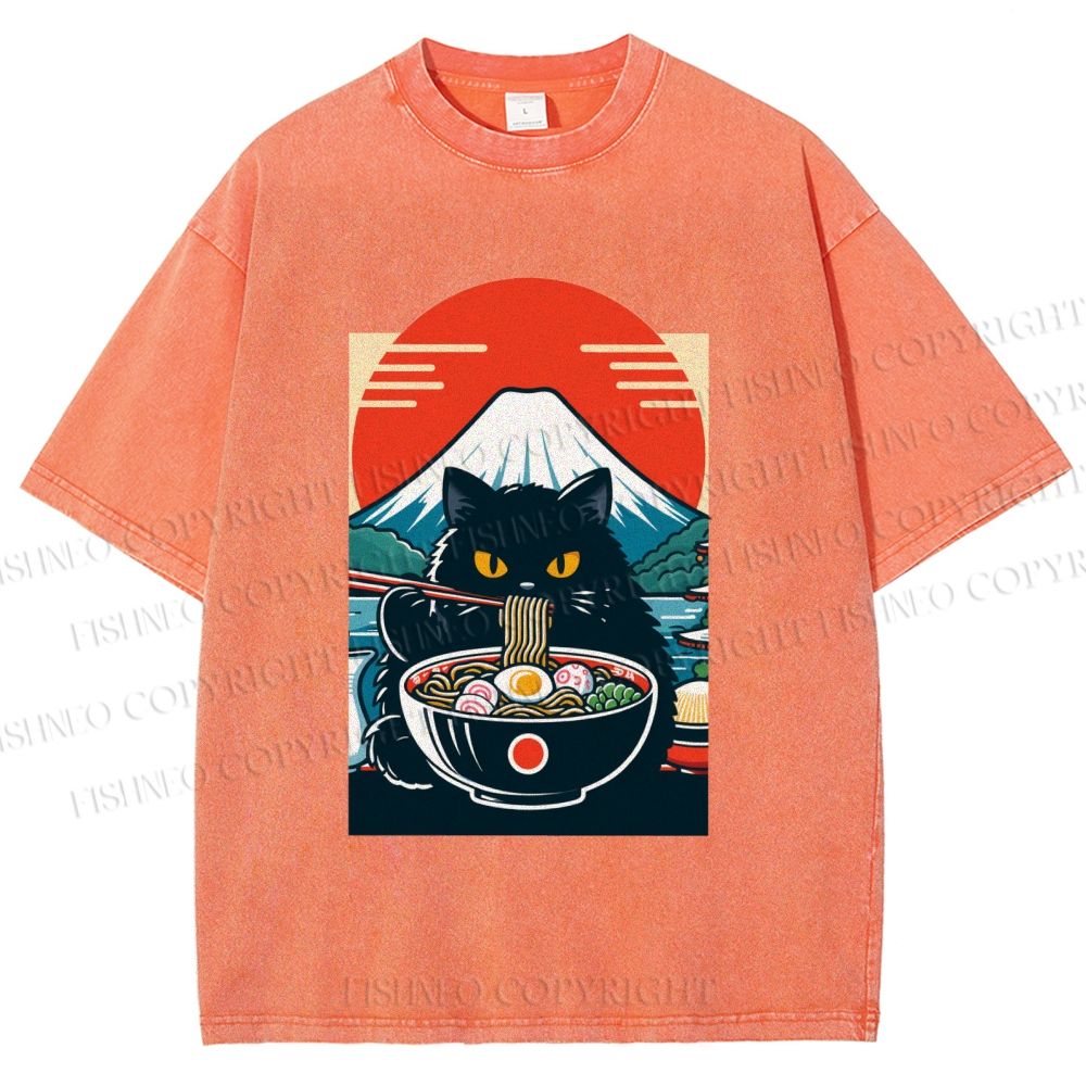 Unisex Black Cat Having Ramen Mount Fuji Printed Washed Tee
