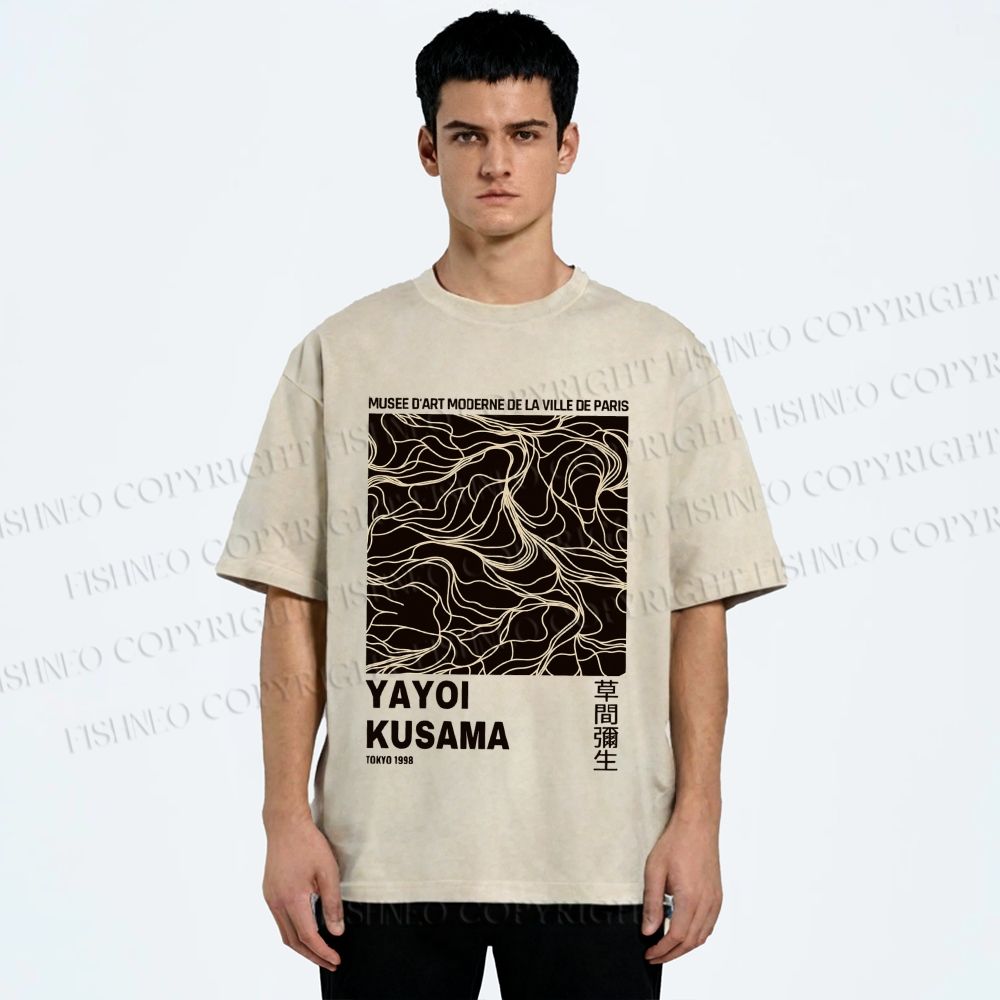 Unisex Yayoi Kusama Line Art Printed Washed Tee