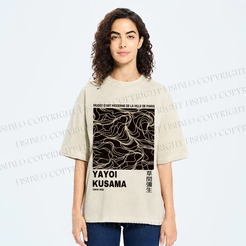 Unisex Yayoi Kusama Line Art Printed Washed Tee